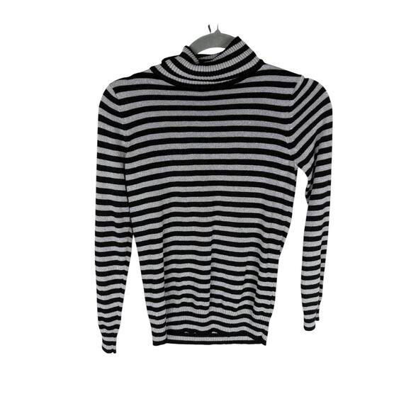 Joseph A Turtleneck Sweater Pullover Striped Metallic Statement Black Silver PS - Picture 2 of 7